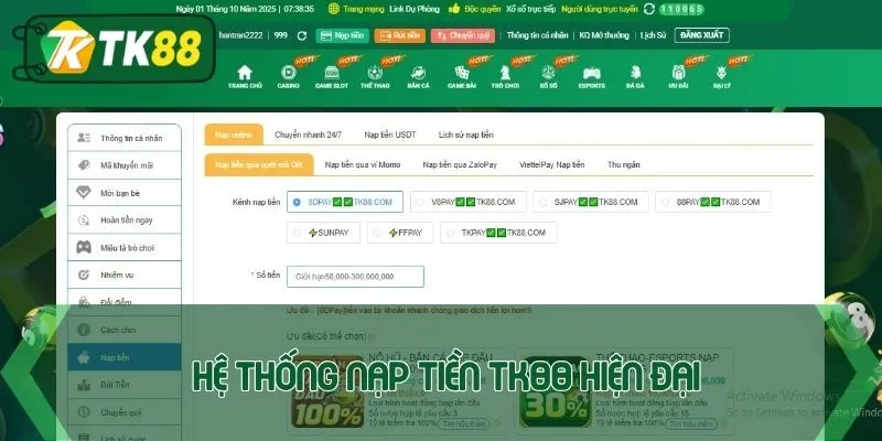 Hệ thống nạp tiền TK88 hiện đại, tối ưu trải nghiệm người dùng
