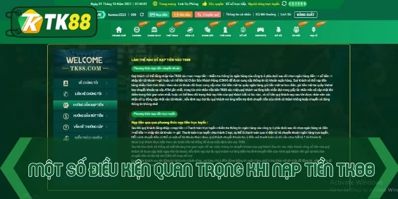 Một số điều kiện quan trọng trước khi thực hiện nạp tiền TK88